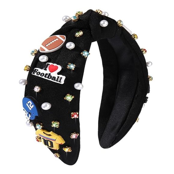 Black Football Inn Zone Jersey Pearl Crystal Encrusted Headband - Picture 1 of 3